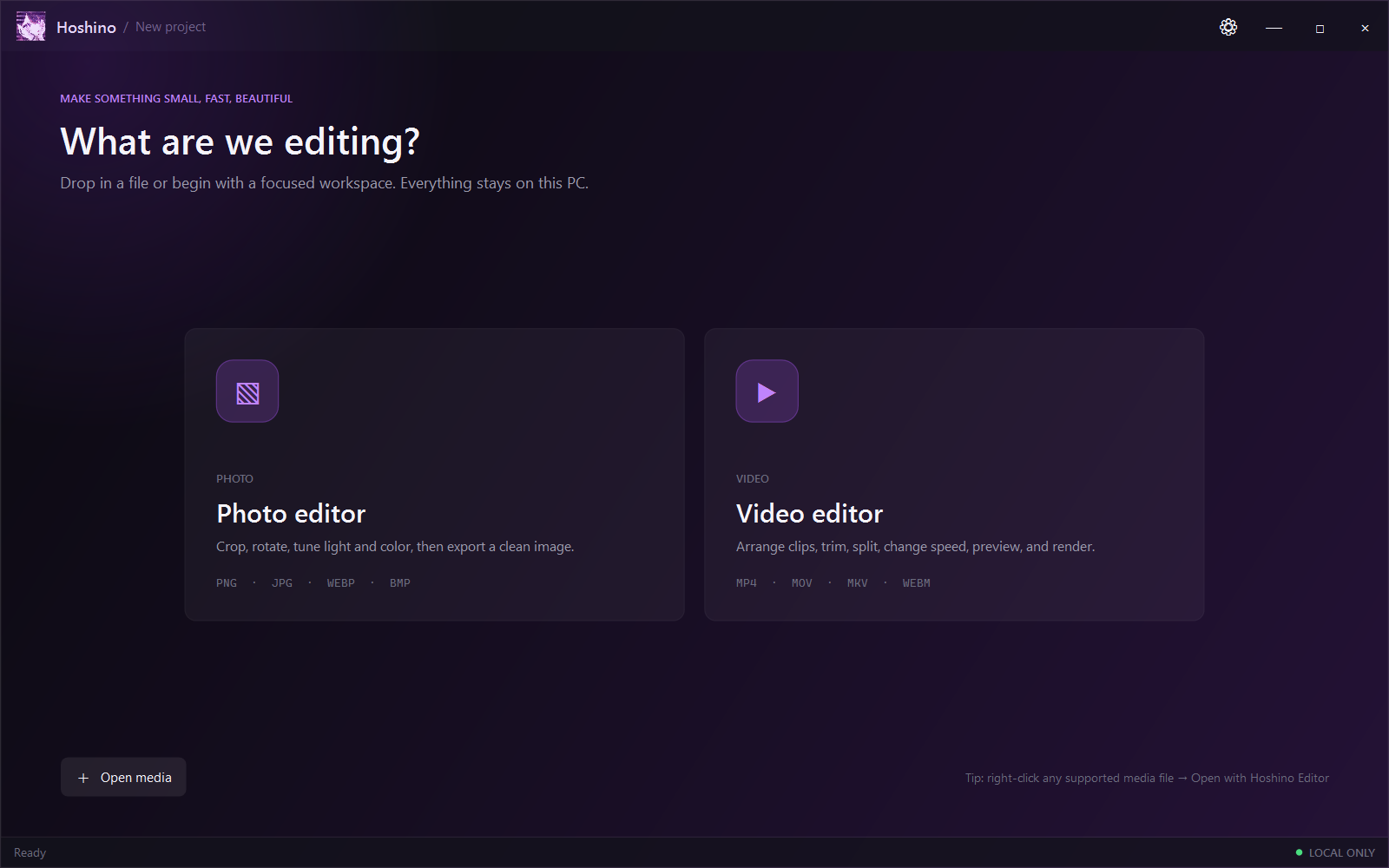 The Hoshino Editor start screen with photo and video workspaces
